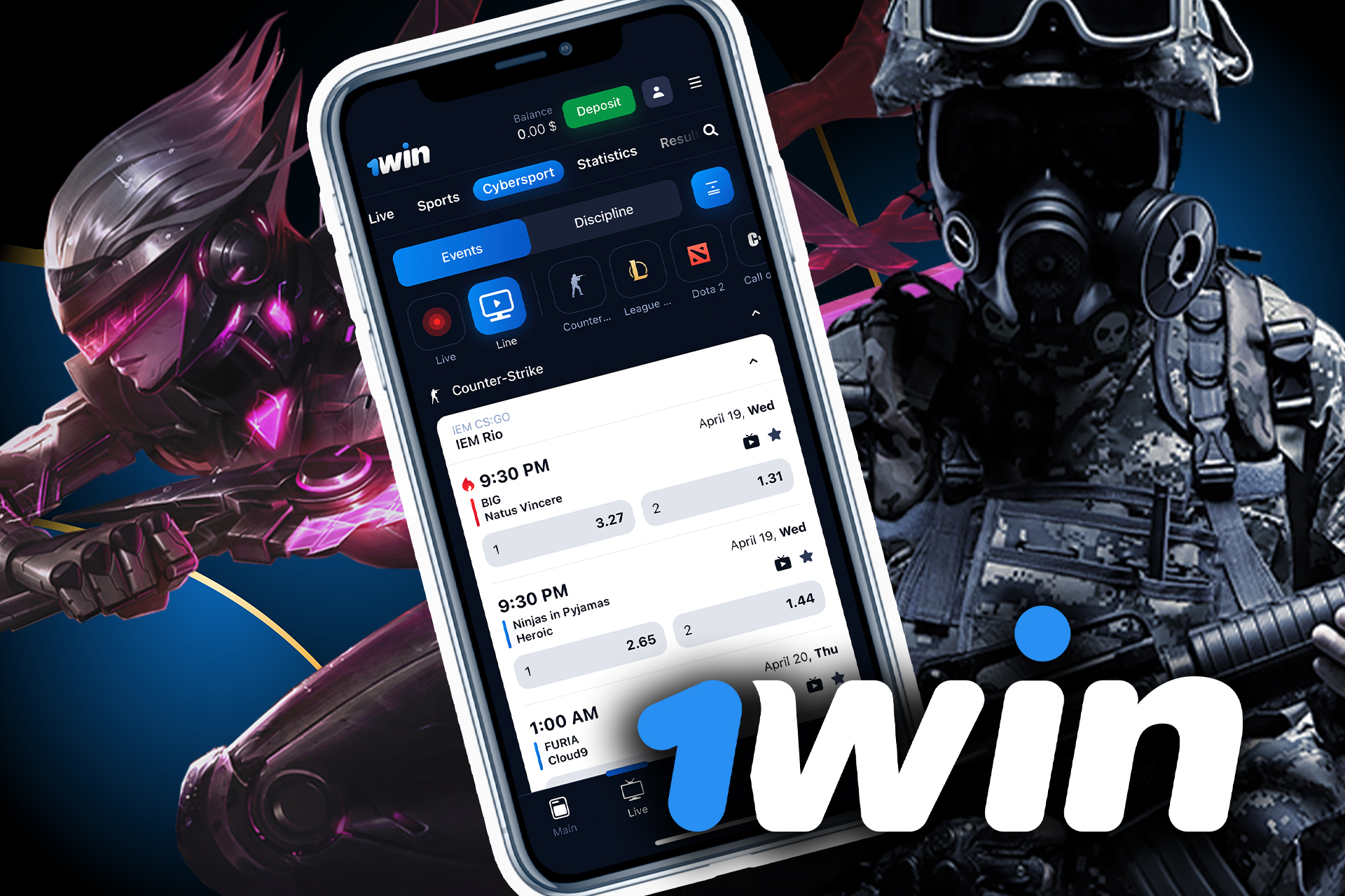 You can also place bets on cybersport in the 1win app.