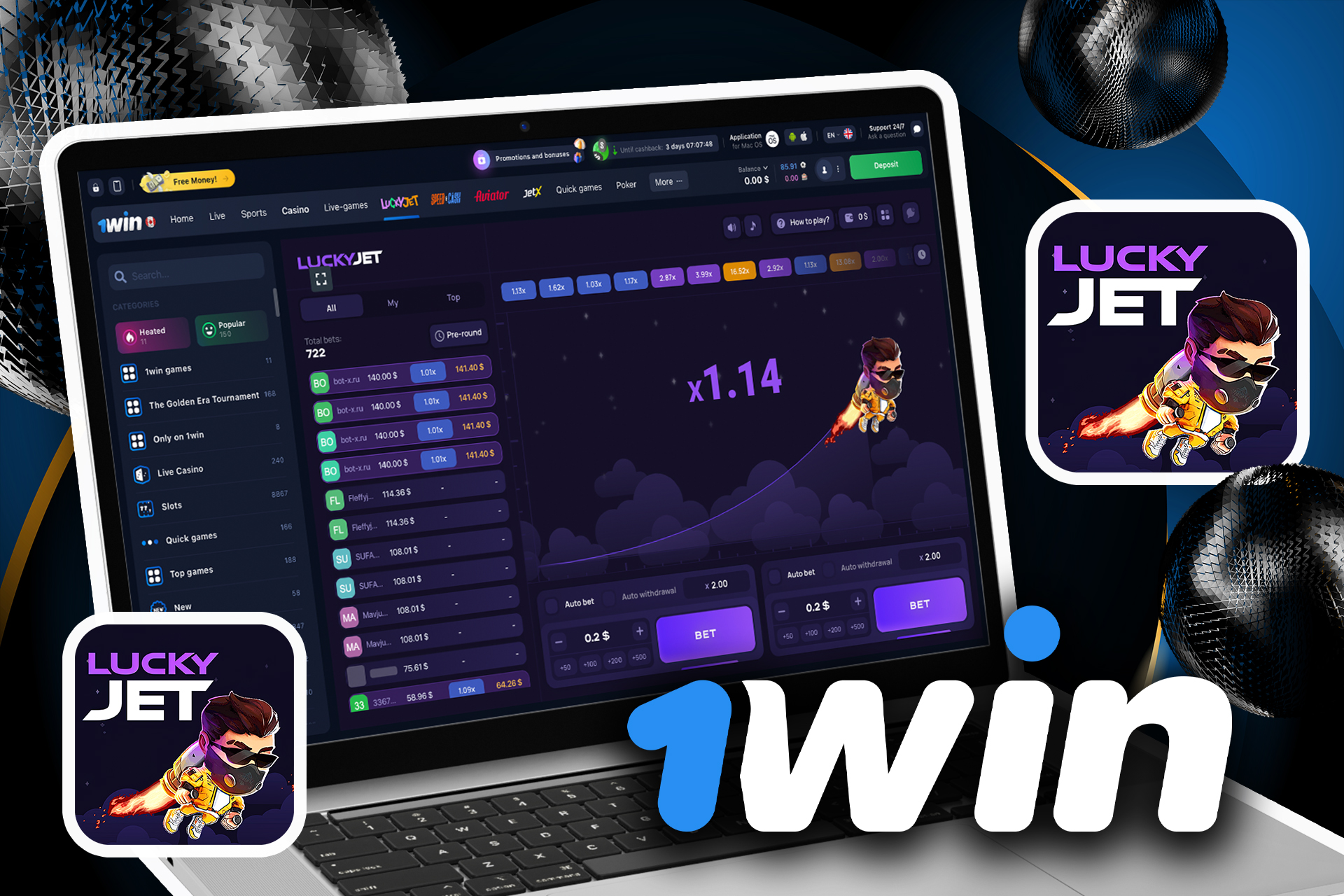 Register on the 1win website, top up your account and start playing Lucky Jet.