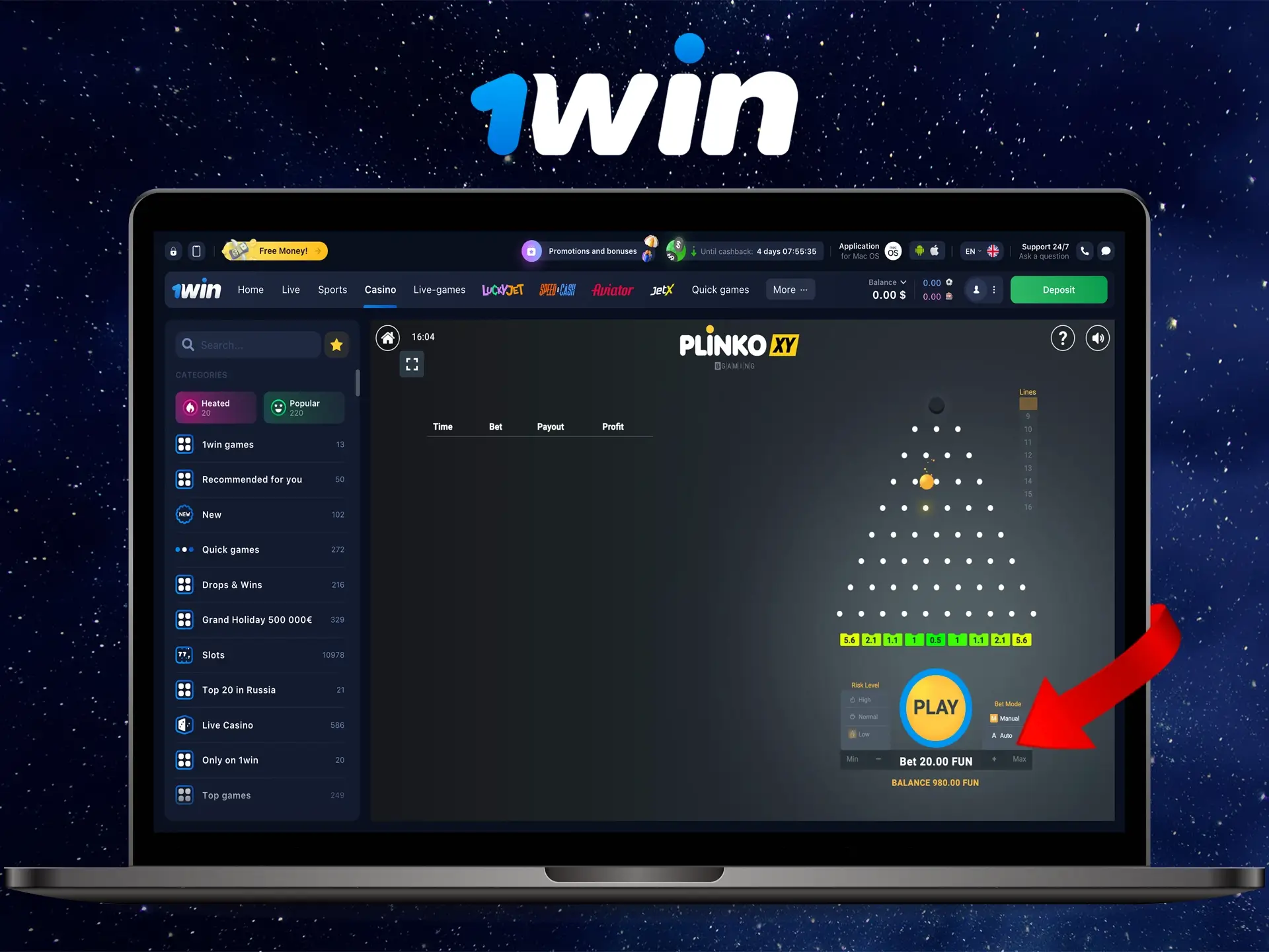 Place your bets and win in the Plinko game from 1Win Casino.