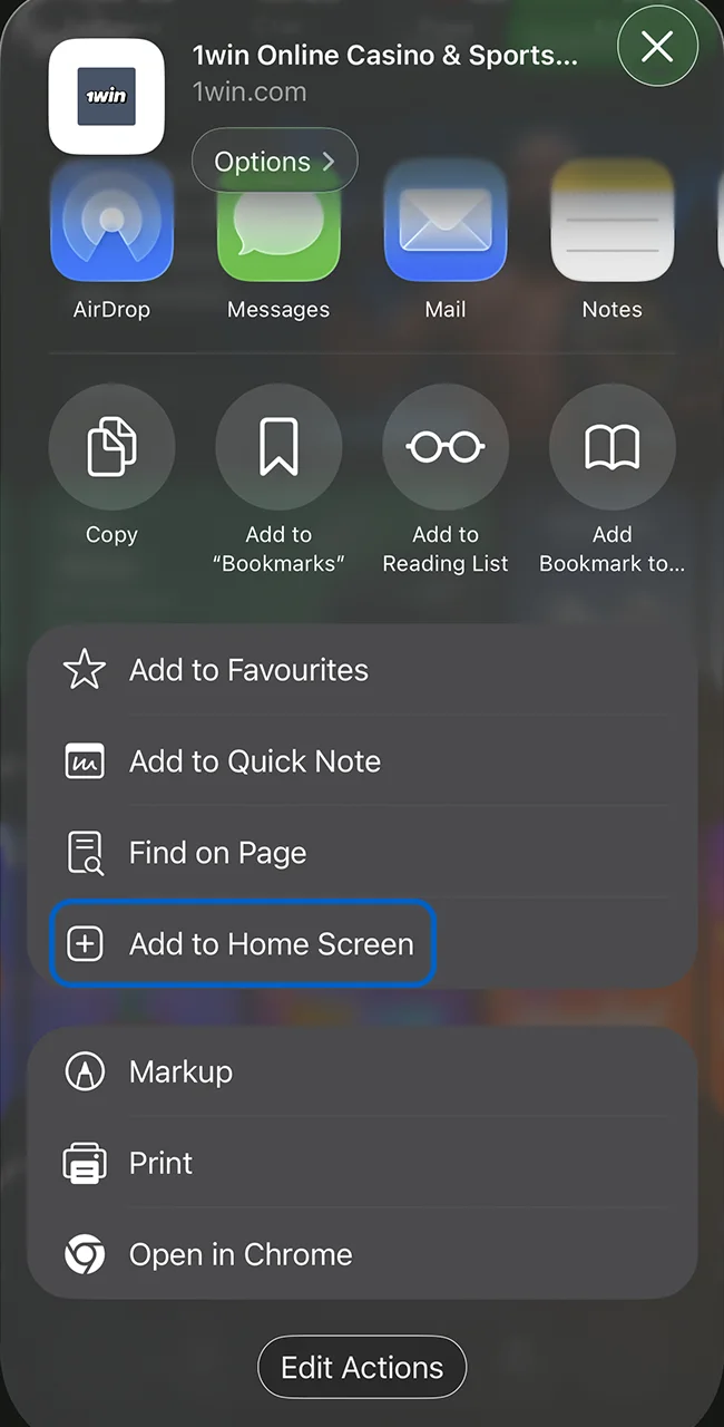 Select Add to Home Screen for 1win.