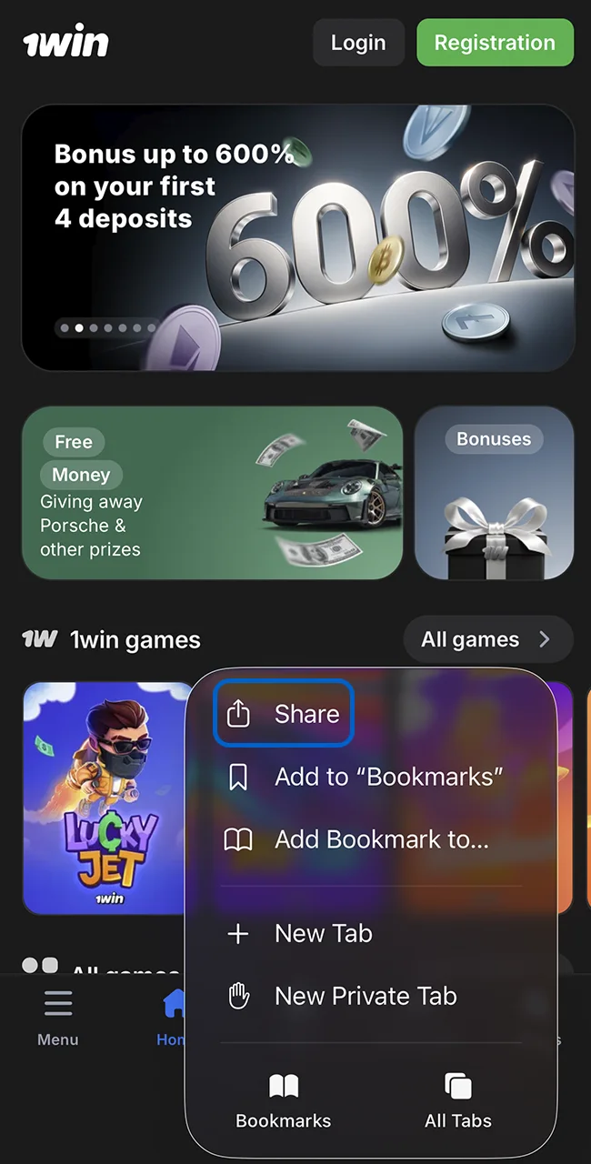 Open the Share menu to install 1win.