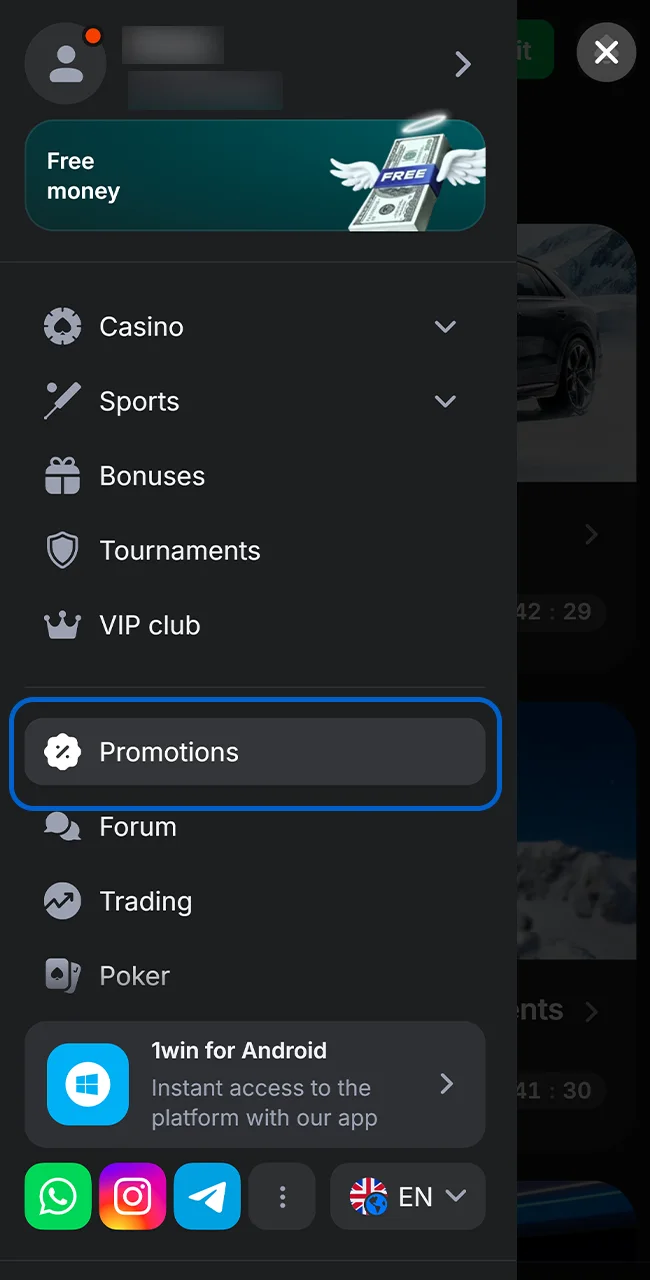Open the 1win Promotions section now.