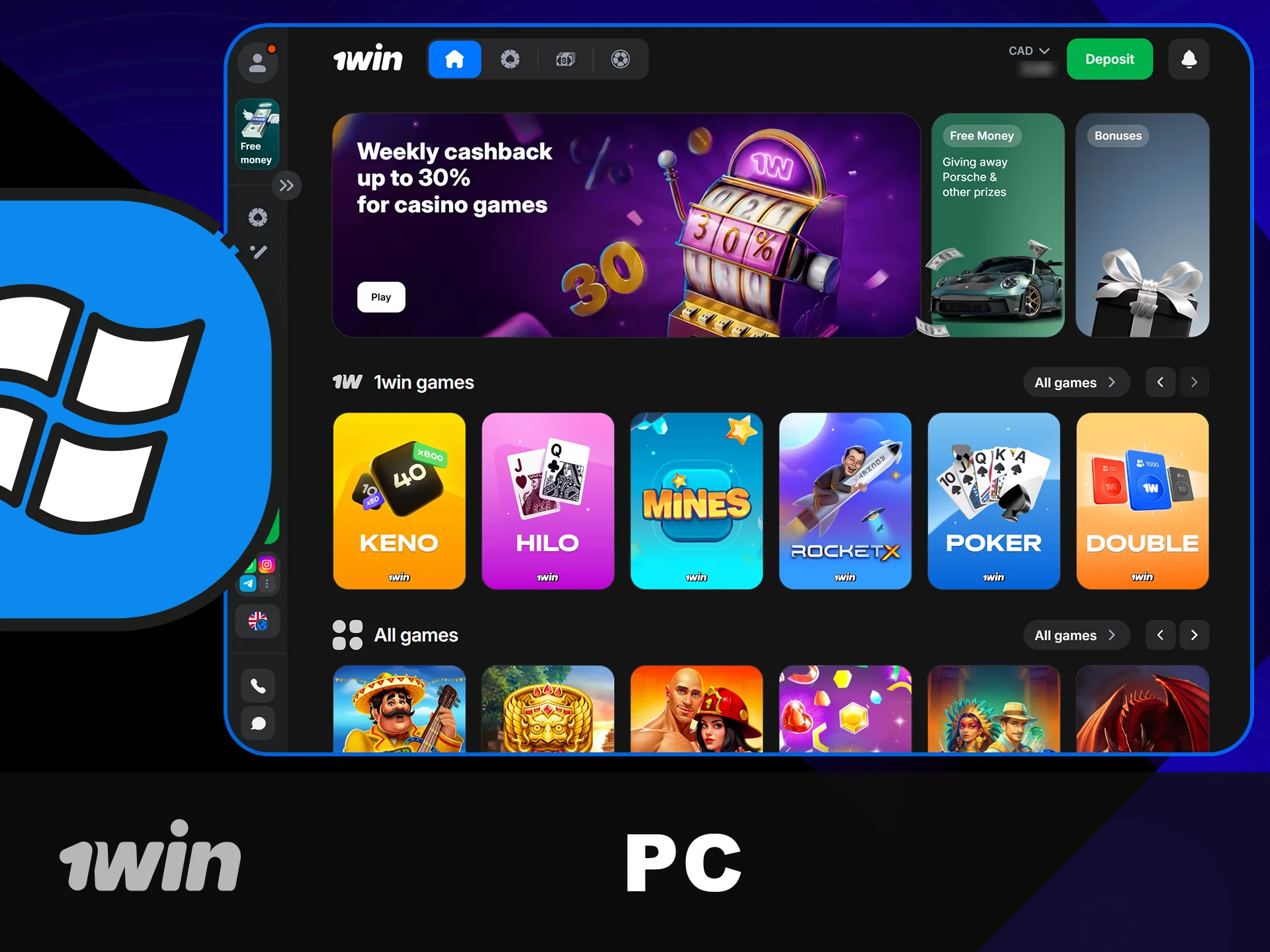 Access 1win platform via your PC now.