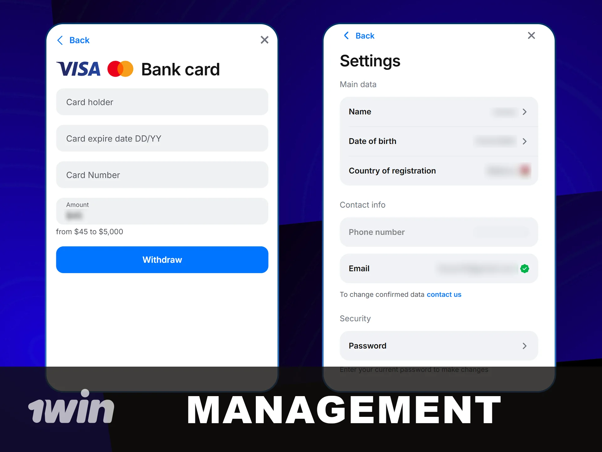 Account Management options after 1win registration.
