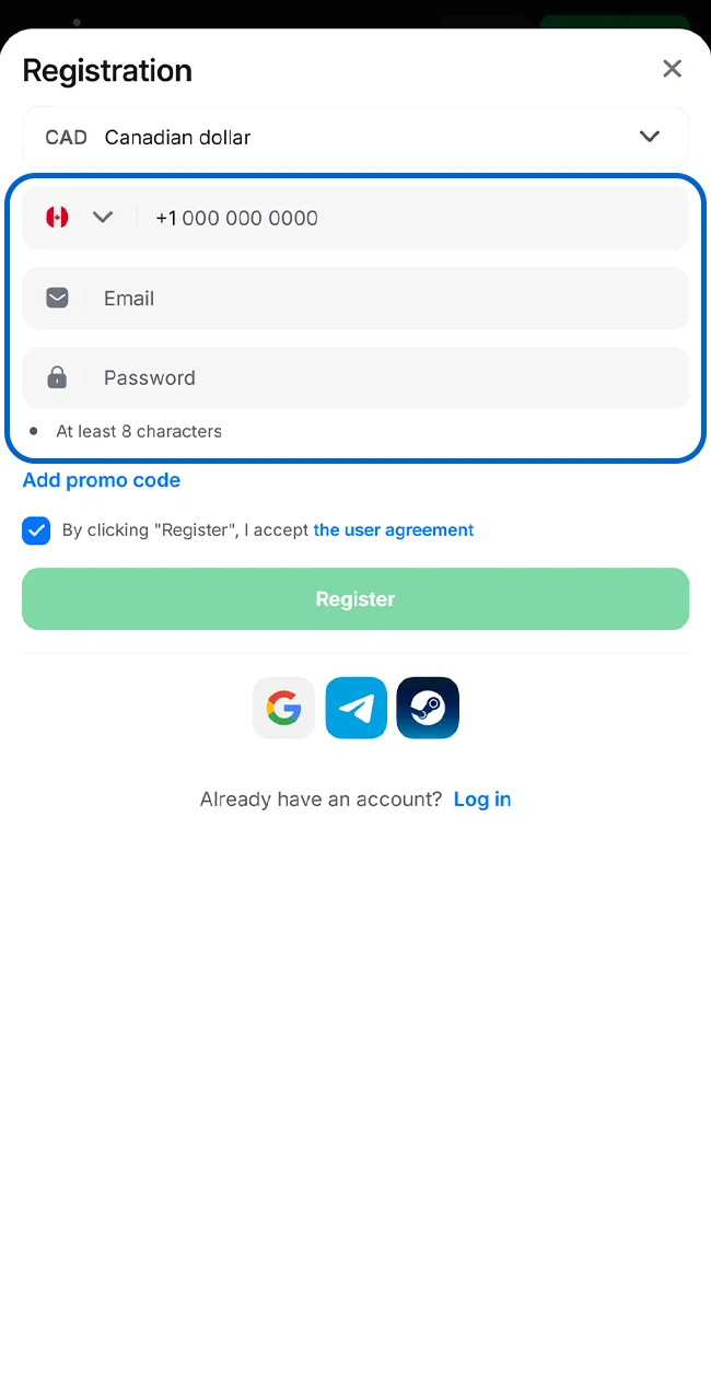 Fill out the 1win Registration Form accurately.
