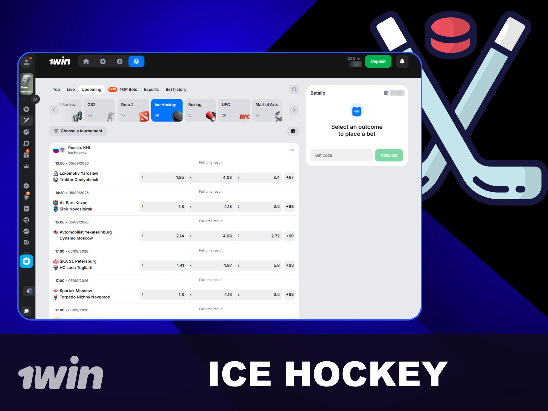 Bet on exciting NHL ice hockey games with 1win Canada.