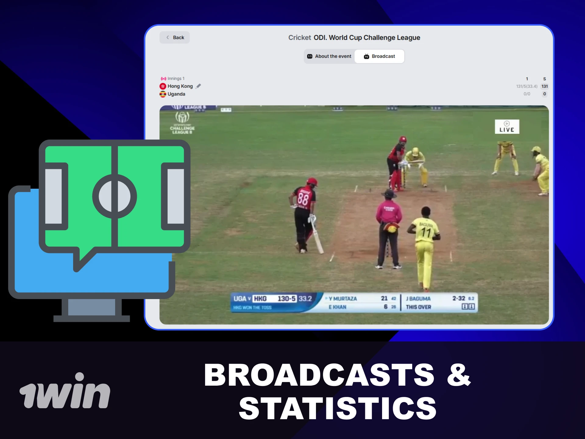 Track real-time match statistics and stream live sports broadcasts on 1win.